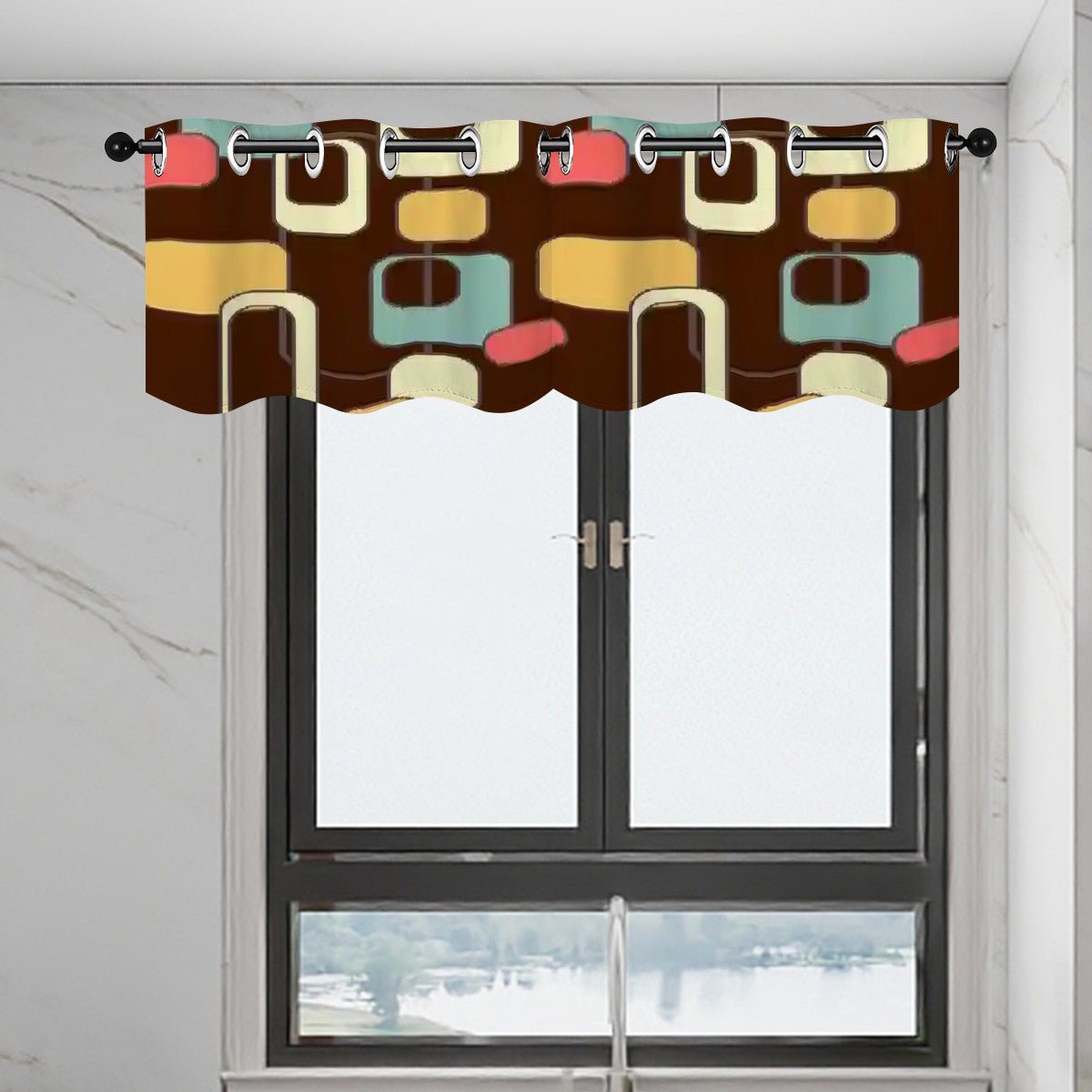 Kate McEnroe New York Retro Geometric Window Valance, Mid Century Modern Brown and Teal Mod Curtain, 50s Atomic Abstract Kitchen DecorValancesGPUIidPs8e