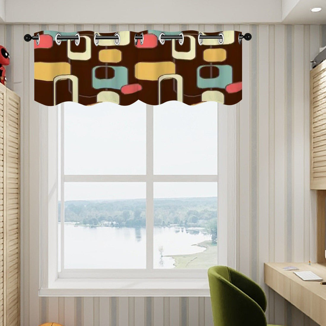 Kate McEnroe New York Retro Geometric Window Valance, Mid Century Modern Brown and Teal Mod Curtain, 50s Atomic Abstract Kitchen DecorValancesGPUIidPs8e