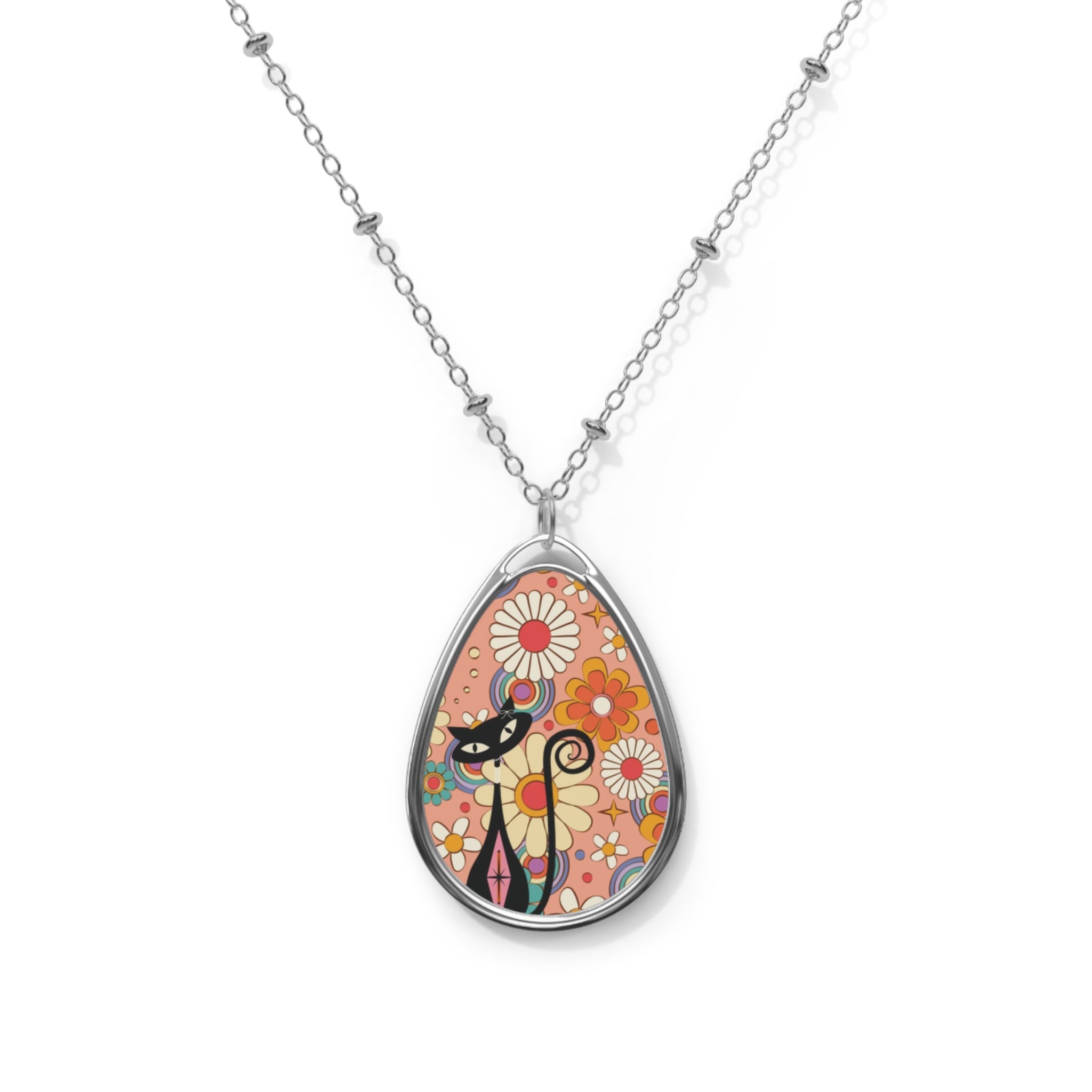 Kate McEnroe New York Retro Groovy Atomic Cat Flower Power Necklace, Mid Century Modern Teardrop Pendant, Retro 60s JewelryNecklaces17510541992974698740