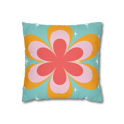 Printify Retro Groovy Daisy Flower Power Throw Pillowcase, Mid Century Modern Starburst Coral, Aqua Blue, Mustard Yellow Accent Pillow Cover Home Decor 14&quot; × 14&quot; 14682982661007030770