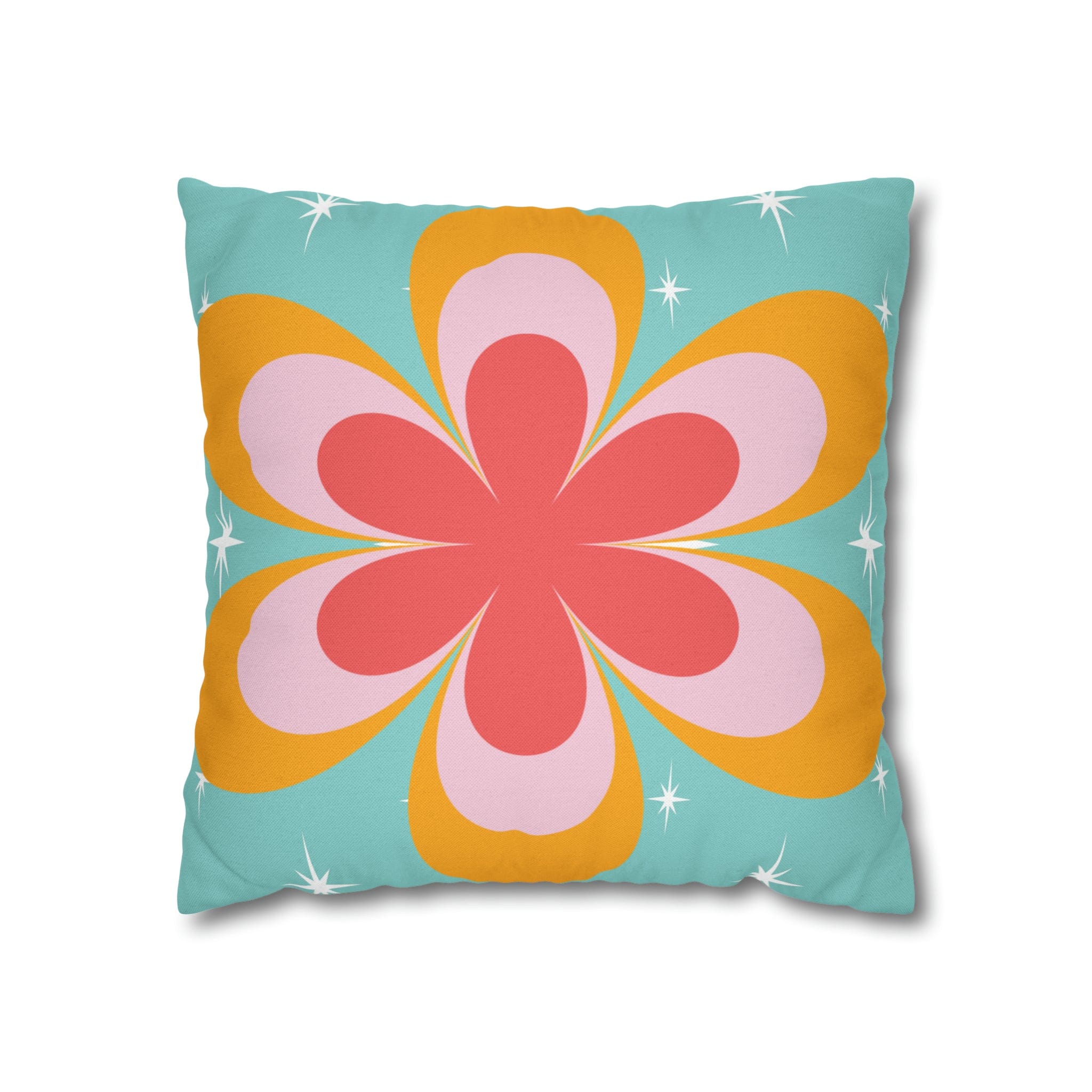 Printify Retro Groovy Daisy Flower Power Throw Pillowcase, Mid Century Modern Starburst Coral, Aqua Blue, Mustard Yellow Accent Pillow Cover Home Decor 16&quot; × 16&quot; 24534997349537729516