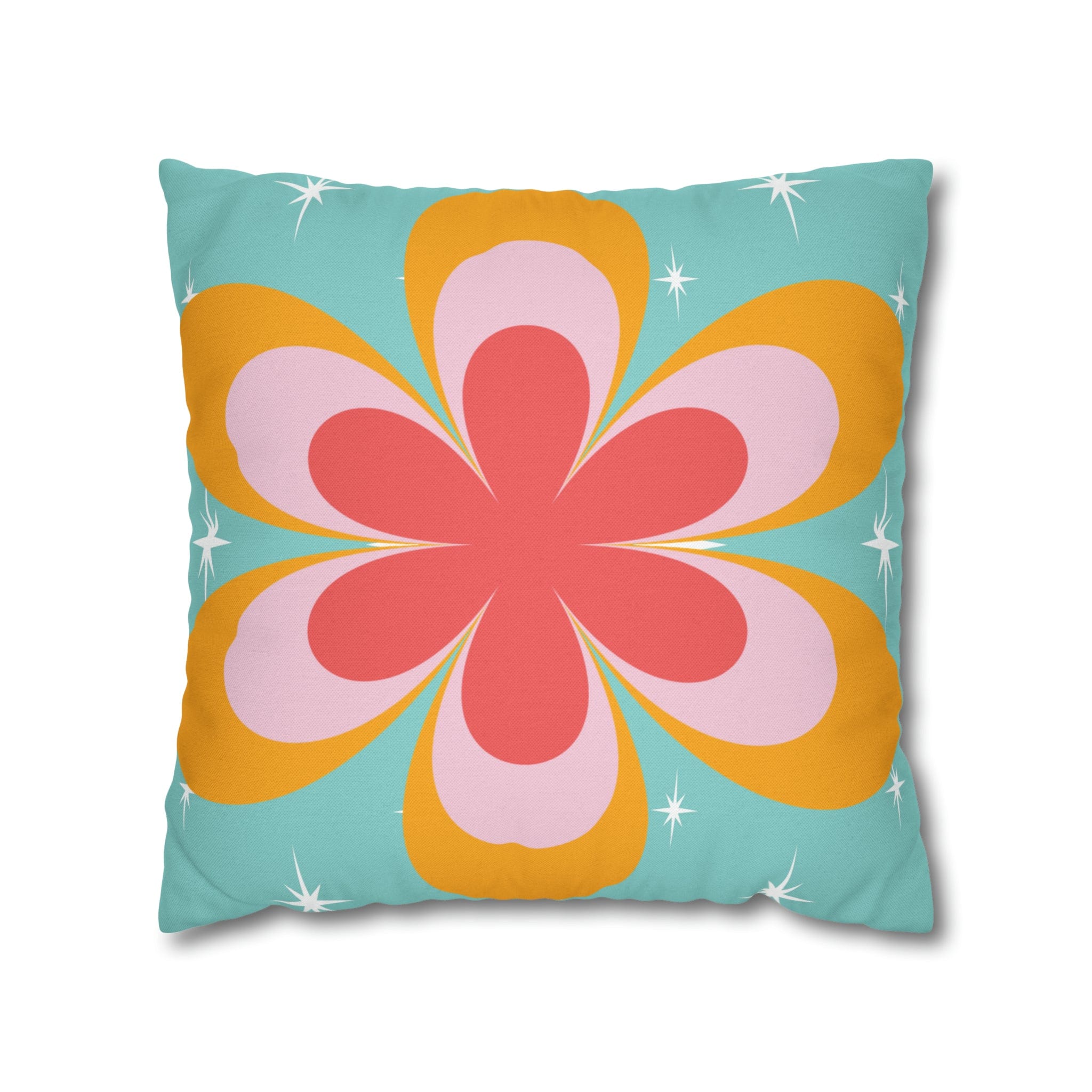 Printify Retro Groovy Daisy Flower Power Throw Pillowcase, Mid Century Modern Starburst Coral, Aqua Blue, Mustard Yellow Accent Pillow Cover Home Decor 18&quot; × 18&quot; 16464659595850168792