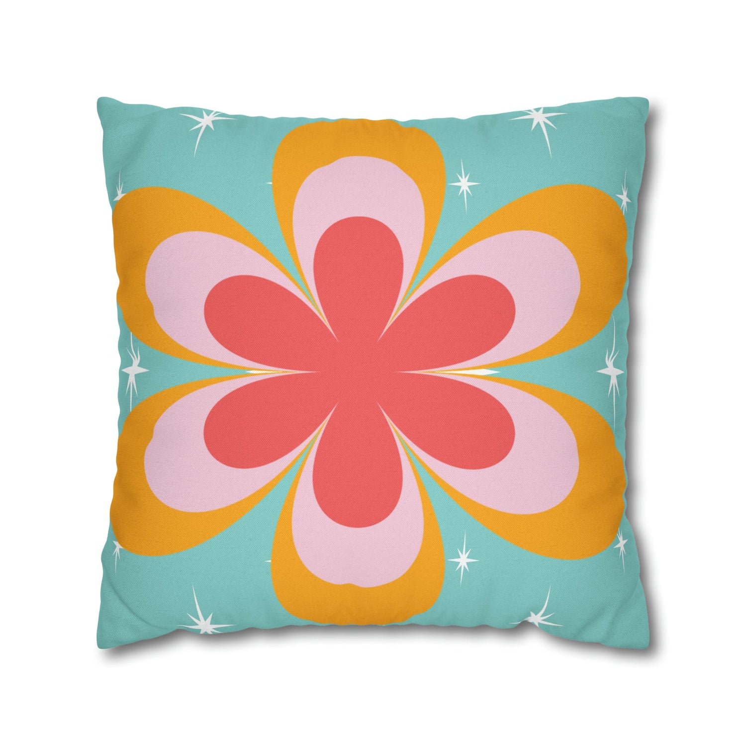 Printify Retro Groovy Daisy Flower Power Throw Pillowcase, Mid Century Modern Starburst Coral, Aqua Blue, Mustard Yellow Accent Pillow Cover Home Decor 20&quot; × 20&quot; 13598868238530685717