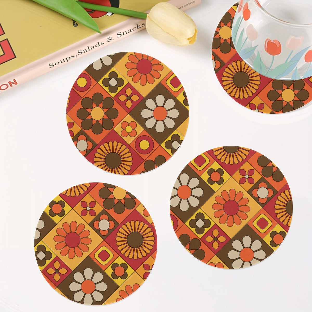 Kate McEnroe New York Retro Groovy Flower Power Ceramic Coaster Set, Mid Century Modern 70s Drinkware, Vintage MCM Mod Table AccentCoastersWDXGM0ZN - 1