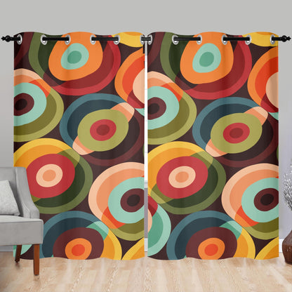 Kate McEnroe New York Retro Groovy Geometric Circle Orbs Double Panel Grommet Window Curtains, 70s Mid Century Modern Psychedelic Abstract DrapesWindow CurtainsN46XJGXY - 1