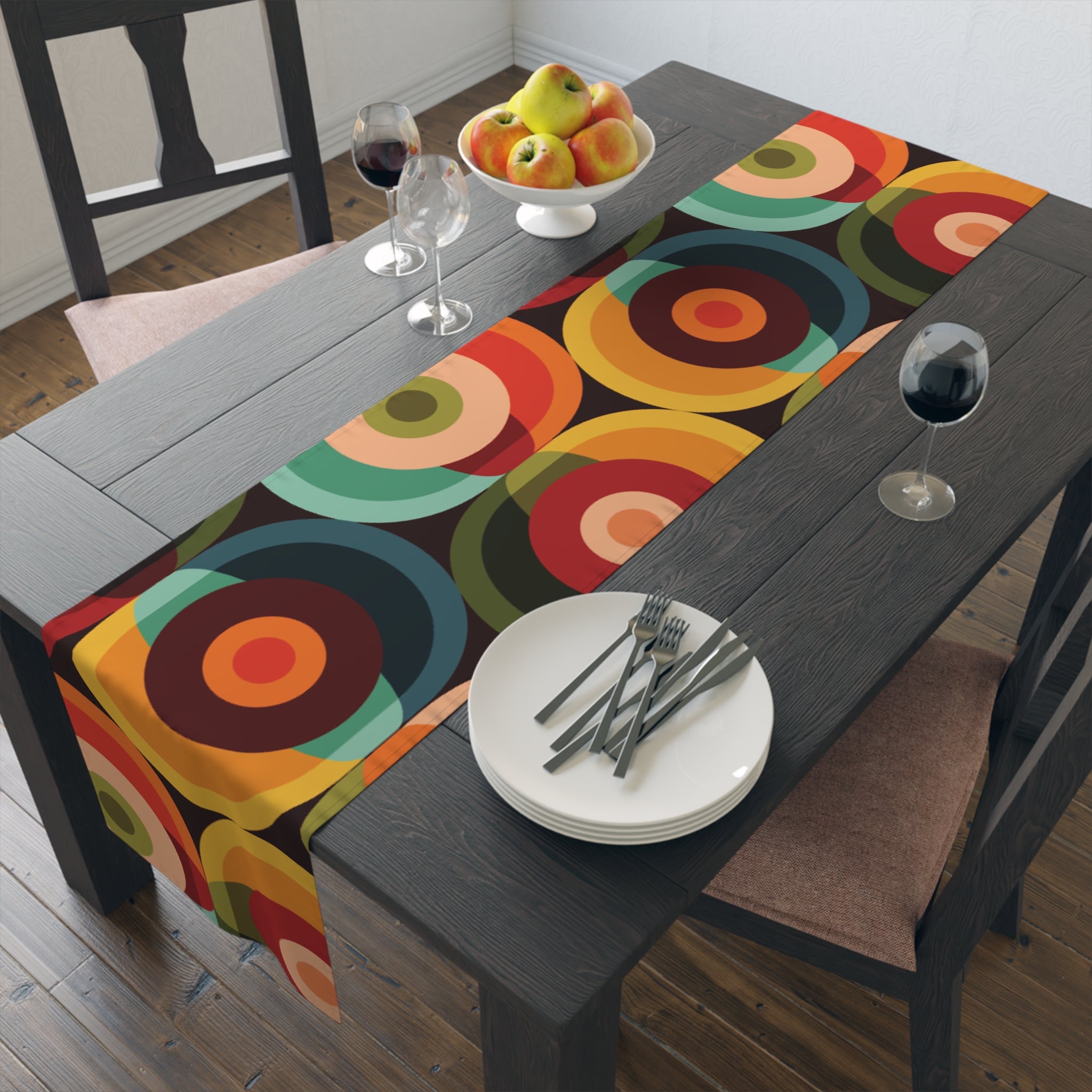 Kate McEnroe New York Retro Groovy Geometric Circle Orbs Table Runner, 70s Mid Century Modern Psychedelic Abstract Table LinensTable Runners51712219944357181454