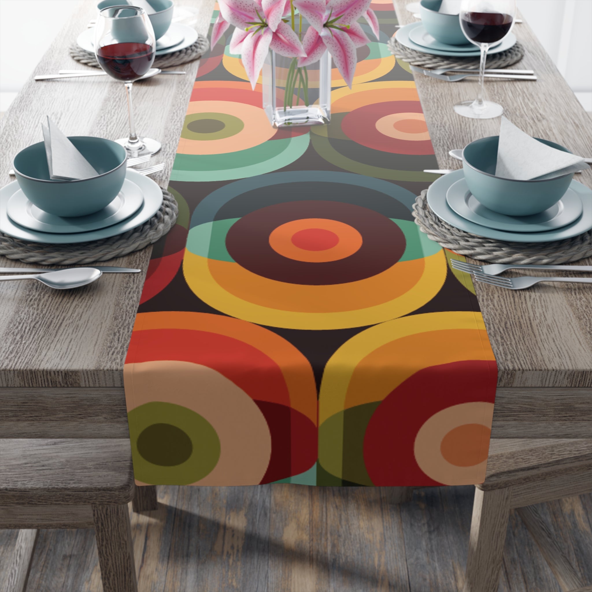 Kate McEnroe New York Retro Groovy Geometric Circle Orbs Table Runner, 70s Mid Century Modern Psychedelic Abstract Table LinensTable Runners51712219944357181454