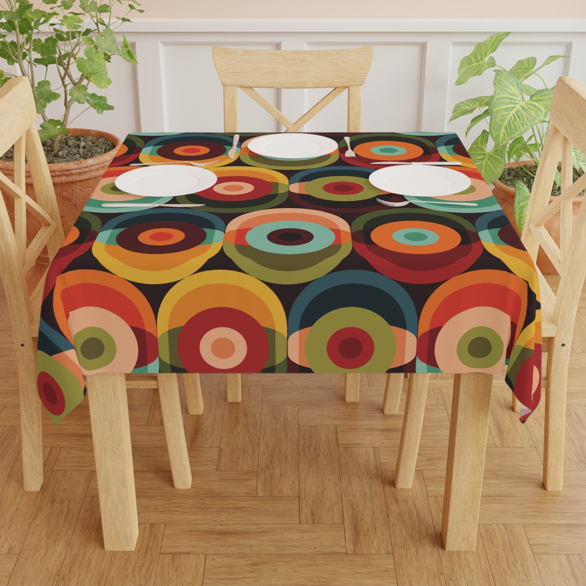 Kate McEnroe New York Retro Groovy Geometric Circle Orbs Tablecloth, 70s Mid Century Modern Psychedelic Abstract Table LinensTablecloths12921271530129230652