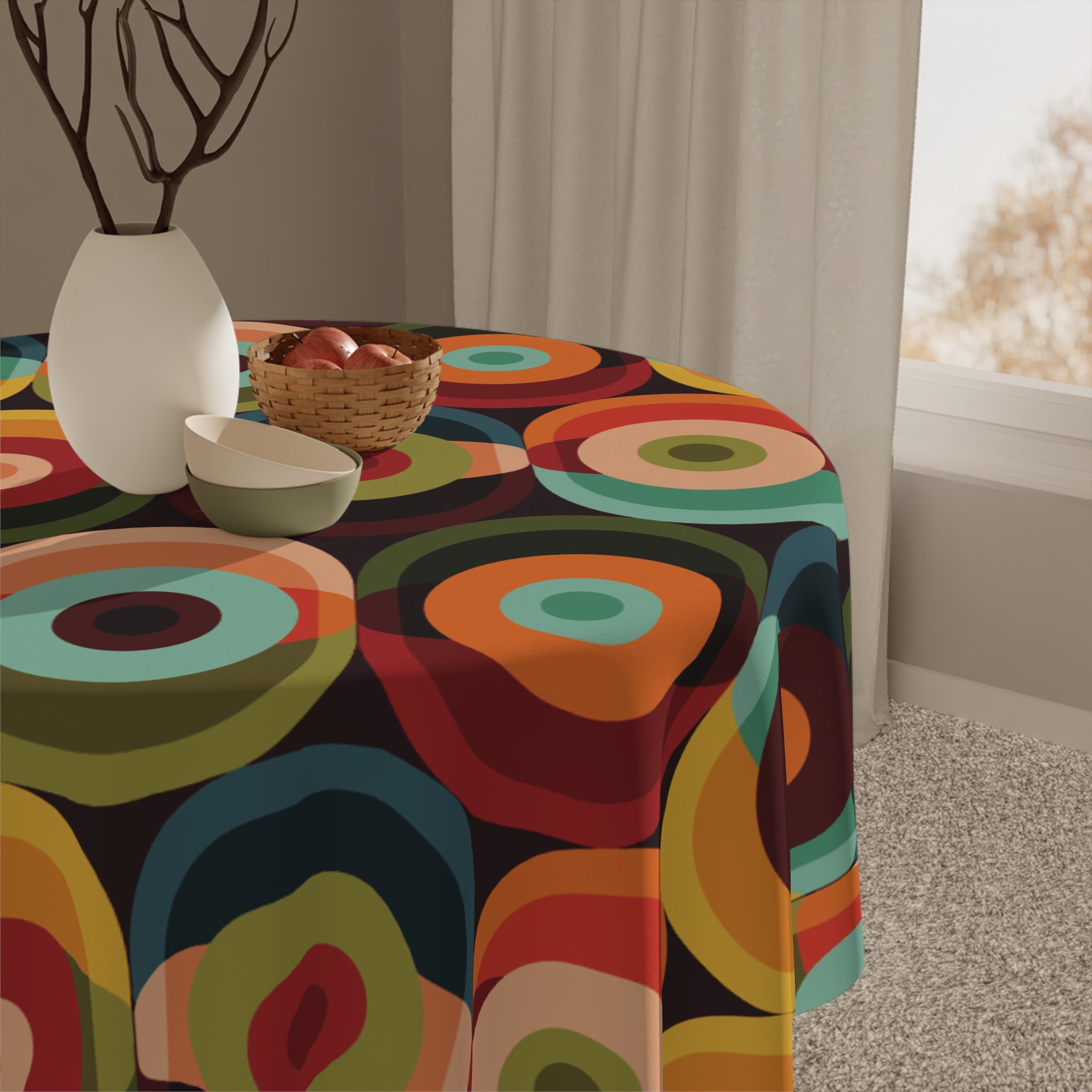 Kate McEnroe New York Retro Groovy Geometric Circle Orbs Tablecloth, 70s Mid Century Modern Psychedelic Abstract Table LinensTablecloths12921271530129230652