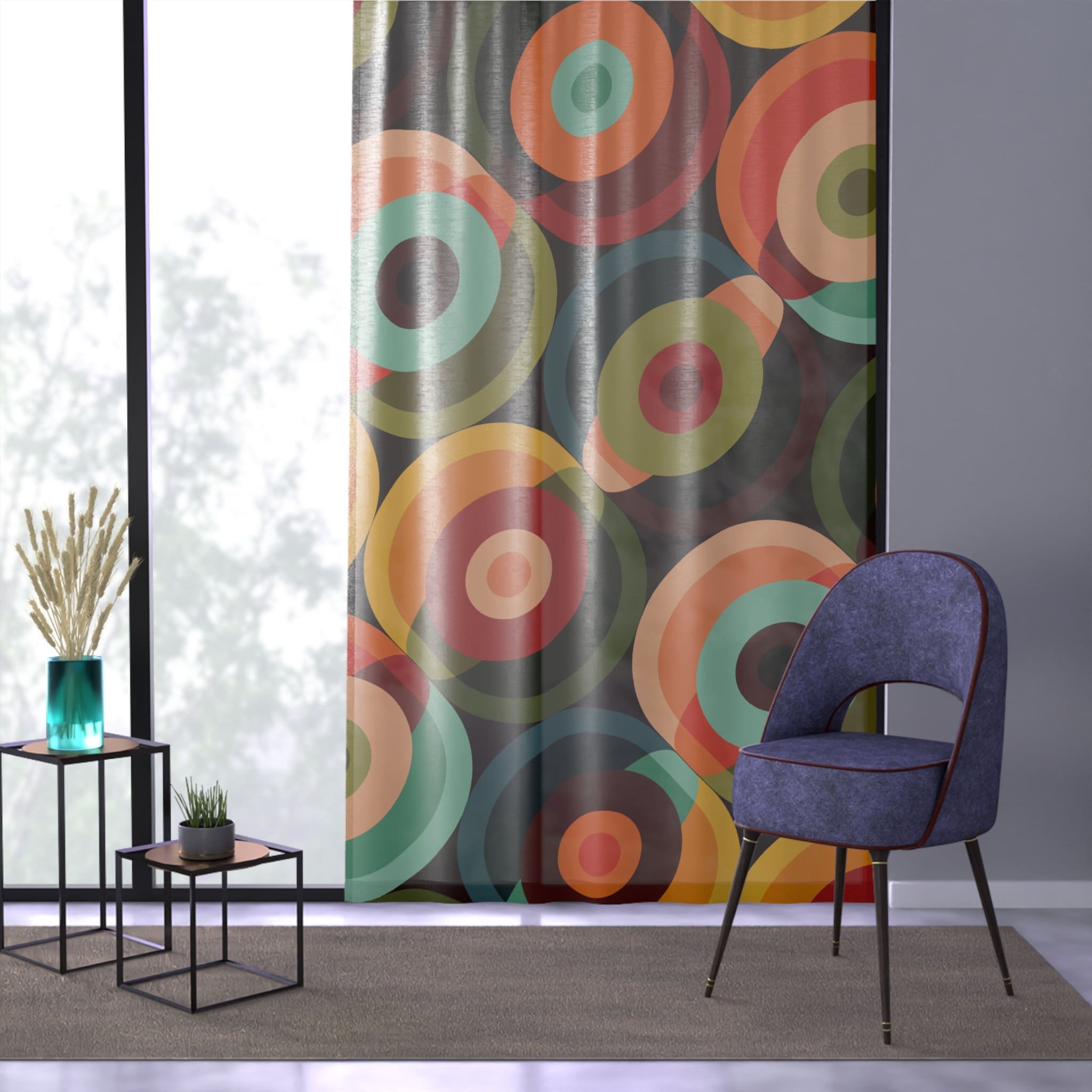 Kate McEnroe New York Retro Groovy Geometric Circle Orbs Window Curtains, 70s Mid Century Modern Psychedelic Abstract Curtain Panels - 132582823 Window Curtains