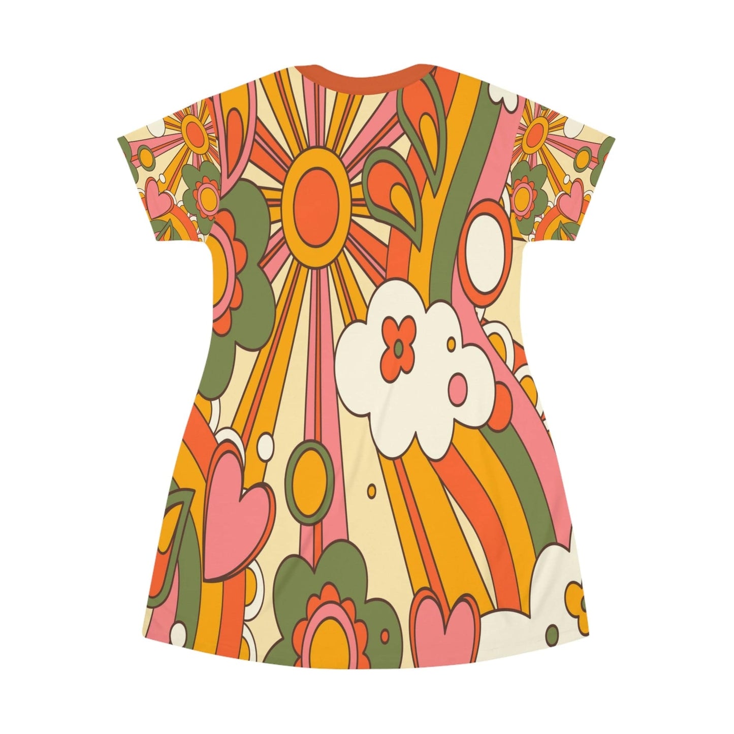 Kate McEnroe New York Retro Groovy Hippie 70s Sunburst T-Shirt Dress in Mid Century Modern Burnt Orange, Mustard Yellow, Green, Summer Party Dress, Hippie Gifts T-Shirt Dress