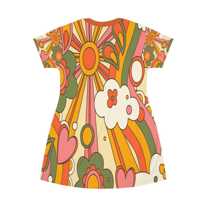 Kate McEnroe New York Retro Groovy Hippie 70s Sunburst T-Shirt Dress in Mid Century Modern Burnt Orange, Mustard Yellow, Green, Summer Party Dress, Hippie Gifts T-Shirt Dress