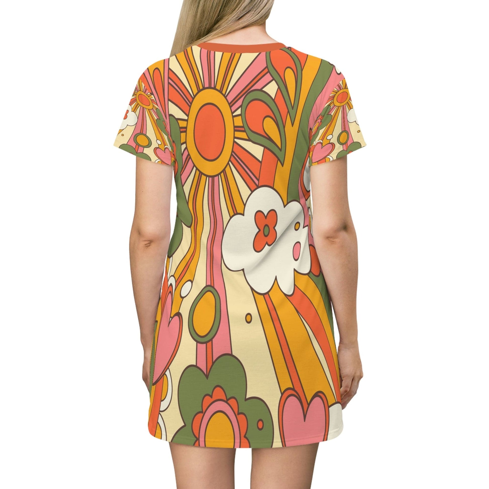 Kate McEnroe New York Retro Groovy Hippie 70s Sunburst T-Shirt Dress in Mid Century Modern Burnt Orange, Mustard Yellow, Green, Summer Party Dress, Hippie Gifts T-Shirt Dress S 23882618526880173861