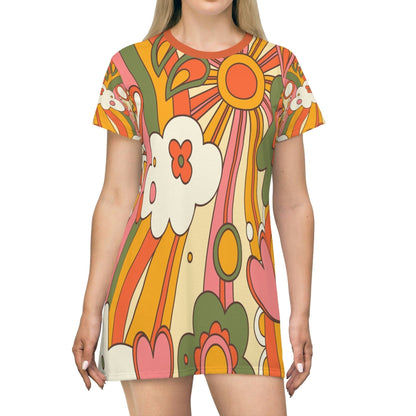 Kate McEnroe New York Retro Groovy Hippie 70s Sunburst T-Shirt Dress in Mid Century Modern Burnt Orange, Mustard Yellow, Green, Summer Party Dress, Hippie Gifts T-Shirt Dress XS 78158986891170229088