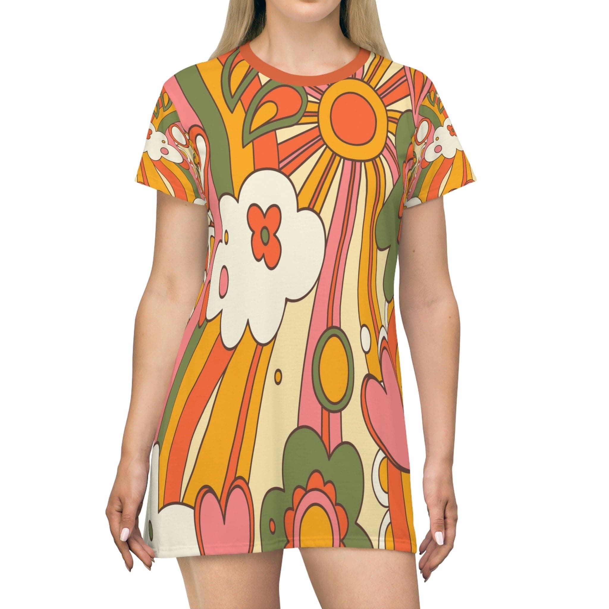 Kate McEnroe New York Retro Groovy Hippie 70s Sunburst T Shirt Dress in Mid Century Modern Burnt Orange Mustard Yellow Green Summer Party Dress Hippie Gifts S