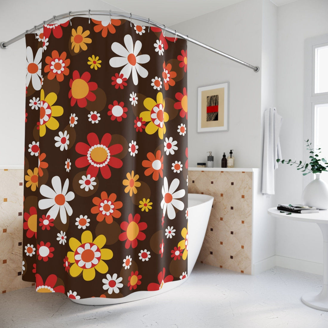 Kate McEnroe New York Retro Groovy Hippie Daisy Boho Shower Curtain, Mid Century Modern Bathroom Decor, MCM Flower Power Bath Curtain - 128282023 Shower Curtains