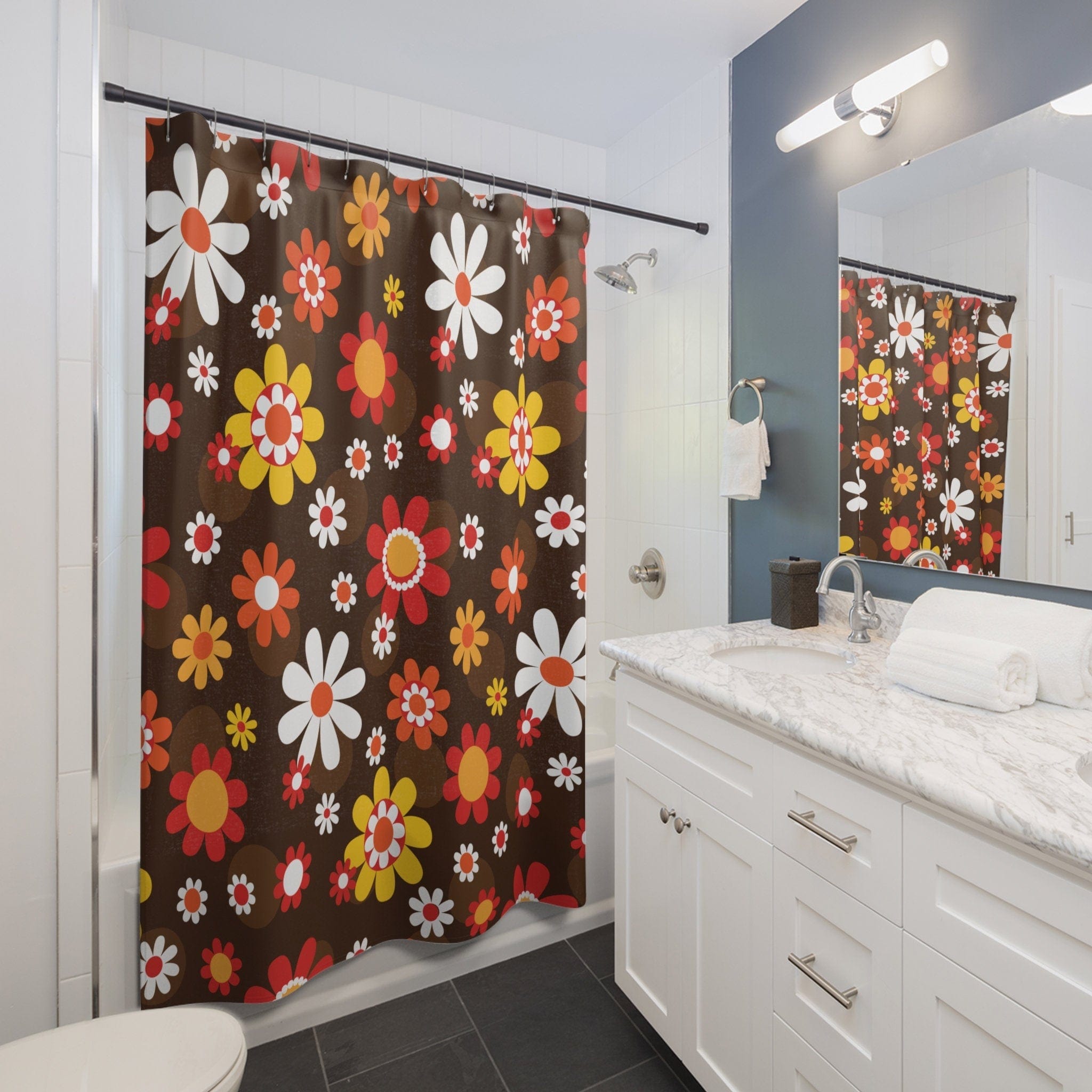 Kate McEnroe New York Retro Groovy Hippie Daisy Boho Shower Curtain, Mid Century Modern Bathroom Decor, MCM Flower Power Bath Curtain - 128282023 Shower Curtains
