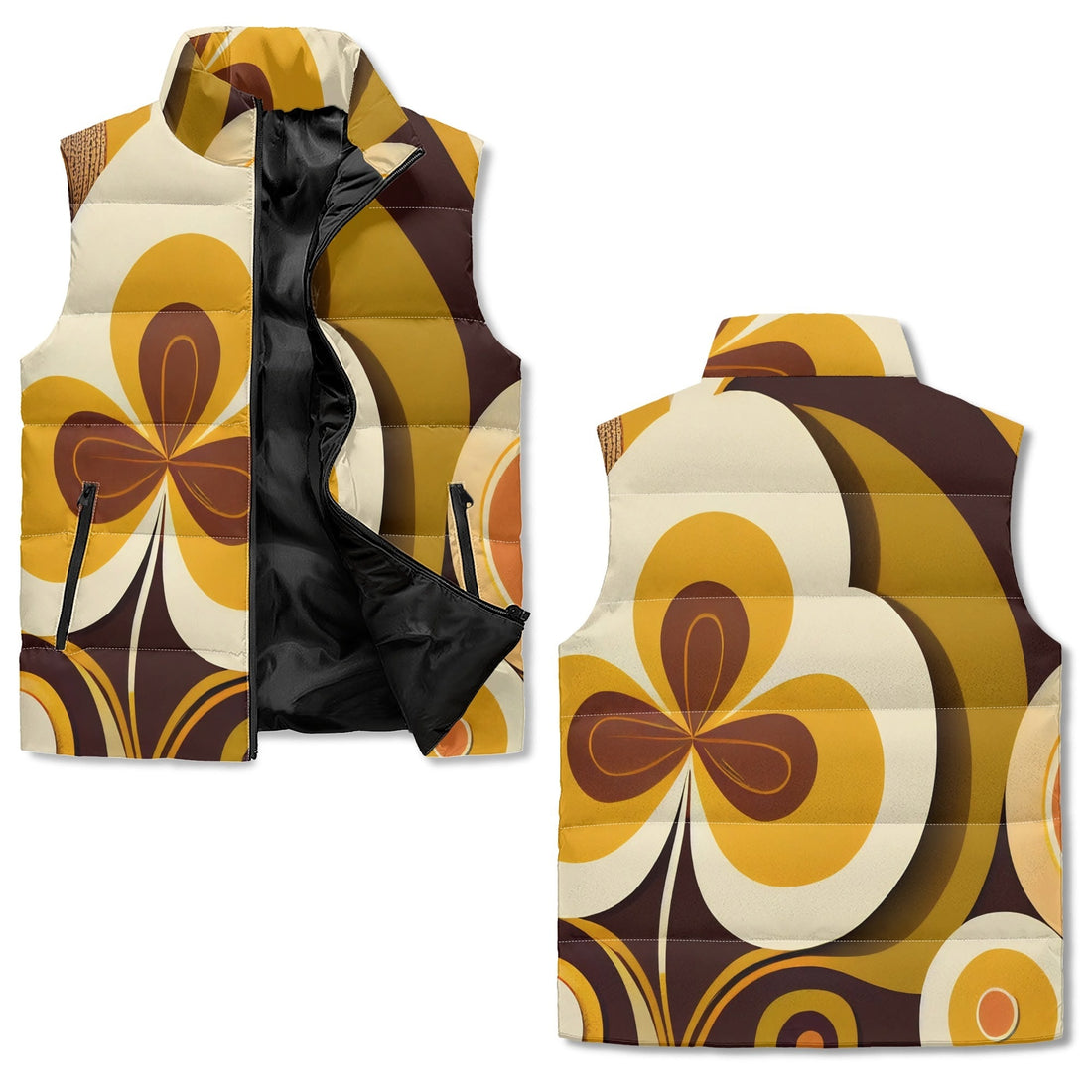 Kate McEnroe New York Retro Groovy Hippie Flower Power Puffer Vest, Mid Mod Floral Fall OuterwearPuffer JacketsN67REVPW - 1