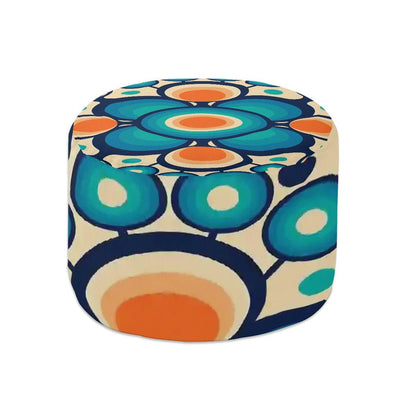 Kate McEnroe New York Retro Groovy Hippie Orbs Ottoman, Mid Mod 60s abstract Accent Pouf, Geometric Blue and Orange Mod DecorOttomansCy24j7MnyJ