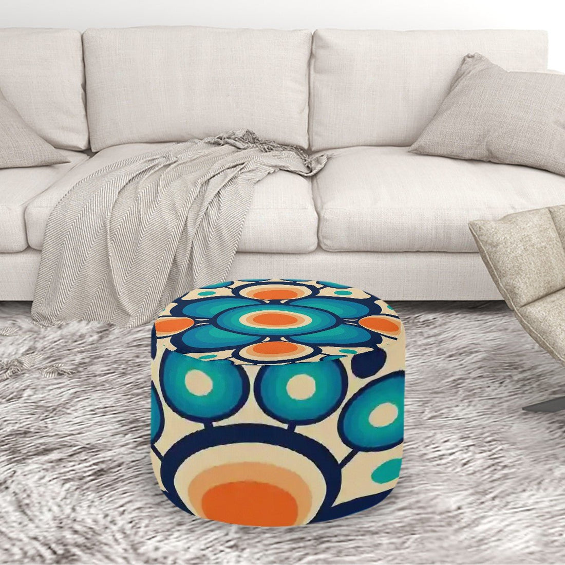 Kate McEnroe New York Retro Groovy Hippie Orbs Ottoman, Mid Mod 60s abstract Accent Pouf, Geometric Blue and Orange Mod DecorOttomansCy24j7MnyJ