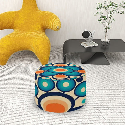 Kate McEnroe New York Retro Groovy Hippie Orbs Ottoman, Mid Mod 60s abstract Accent Pouf, Geometric Blue and Orange Mod DecorOttomansCy24j7MnyJ