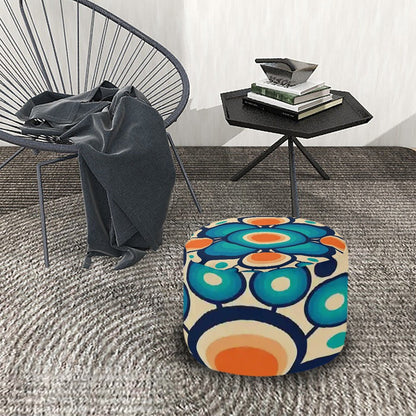 Kate McEnroe New York Retro Groovy Hippie Orbs Ottoman, Mid Mod 60s abstract Accent Pouf, Geometric Blue and Orange Mod DecorOttomansCy24j7MnyJ