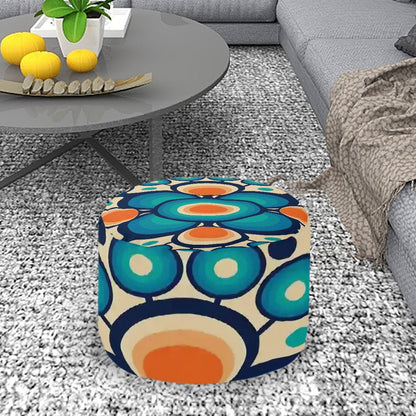 Kate McEnroe New York Retro Groovy Hippie Orbs Ottoman, Mid Mod 60s abstract Accent Pouf, Geometric Blue and Orange Mod DecorOttomansCy24j7MnyJ