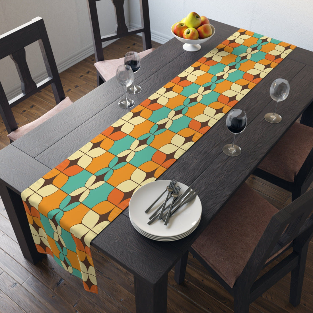 Kate McEnroe New York Retro Groovy Mid Century Modern Geometric Table Runner, Orange, Turquoise, Ivory, Brown MCM Table Linens, 1950s Vintage Style Table DecorTable Runners21856504118795247441