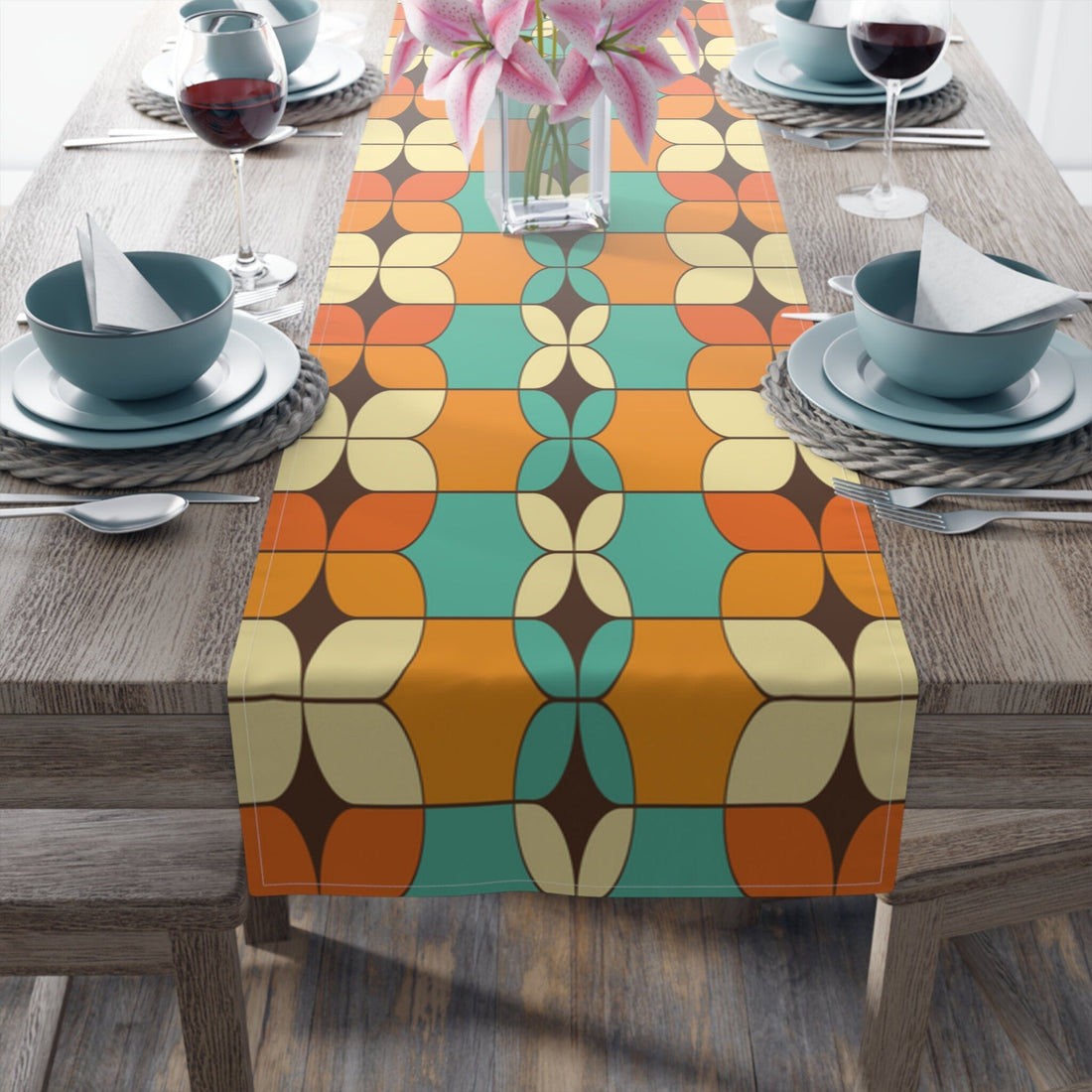 Kate McEnroe New York Retro Groovy Mid Century Modern Geometric Table Runner, Orange, Turquoise, Ivory, Brown MCM Table Linens, 1950s Vintage Style Table DecorTable Runners21856504118795247441