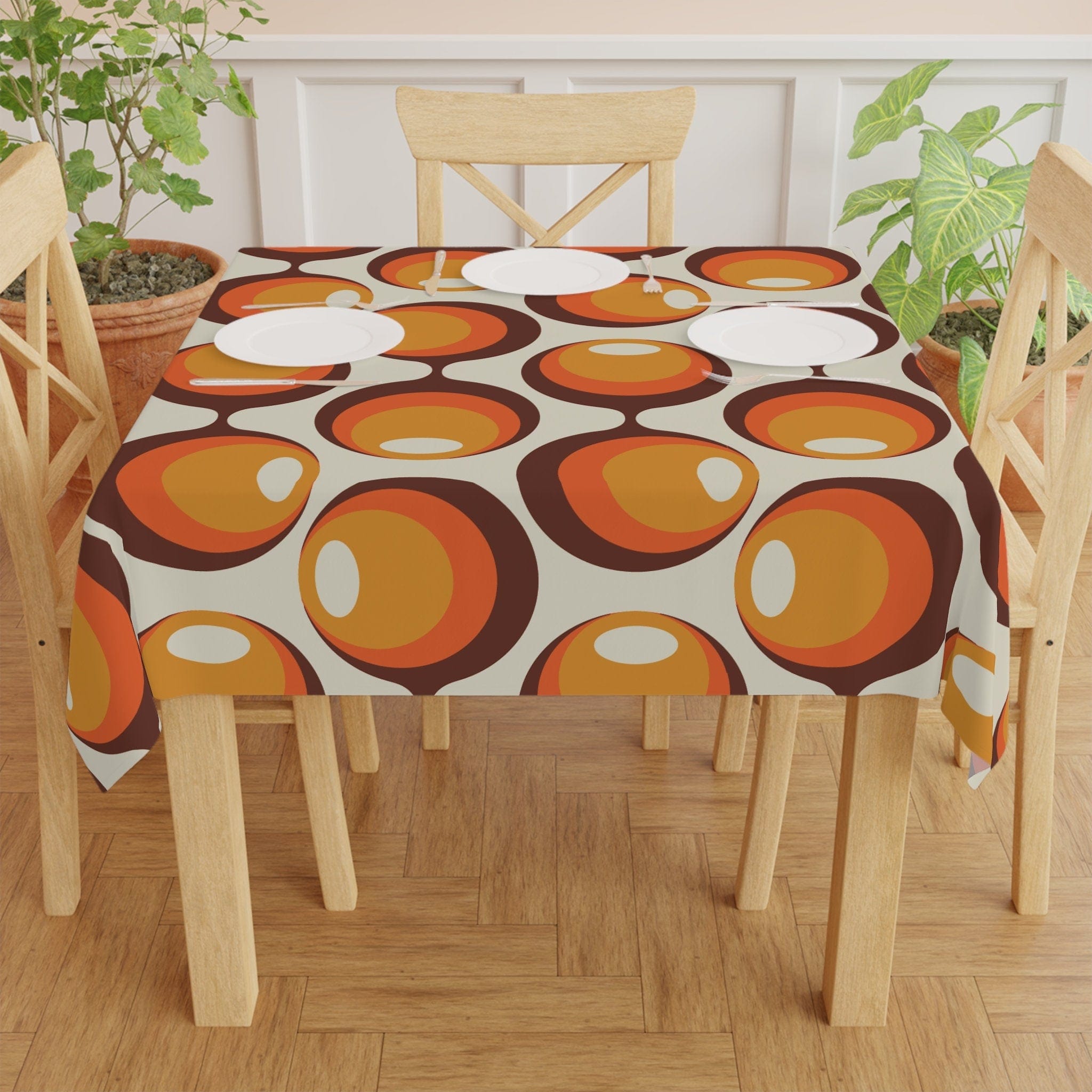 Kate McEnroe New York Retro Groovy Orbs Tablecloth, Atomic Age Vintage Mid Century Modern Orange, Brown, Yellow Table Linens - KM13569723Tablecloths13555613521045870735