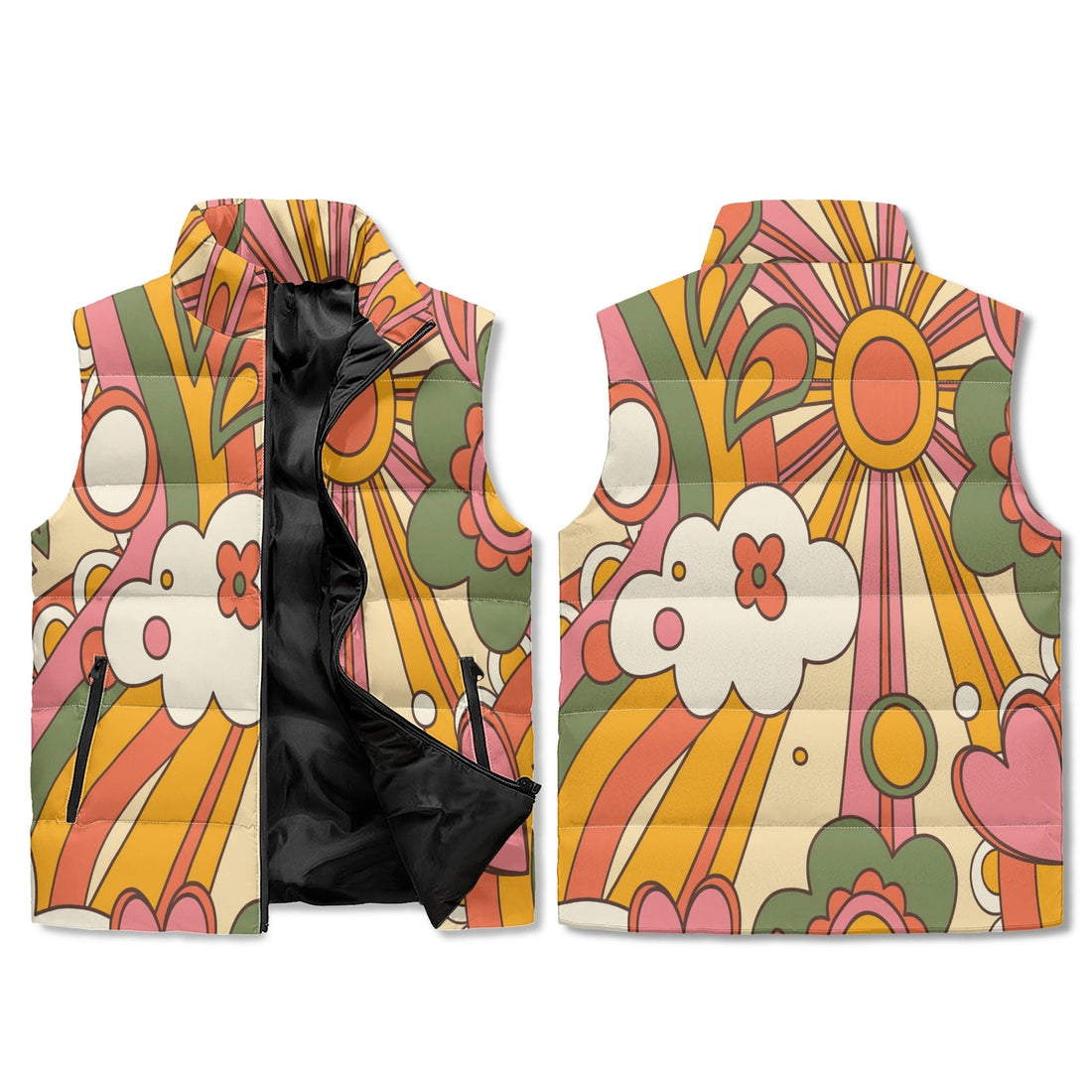 Kate McEnroe New York Retro Groovy Sunshine Puffer Vest, Mid Mod Hippie Floral Outerwear, 70s Boho Chic Lightweight JacketPuffer JacketsWQEOGR5W - 1