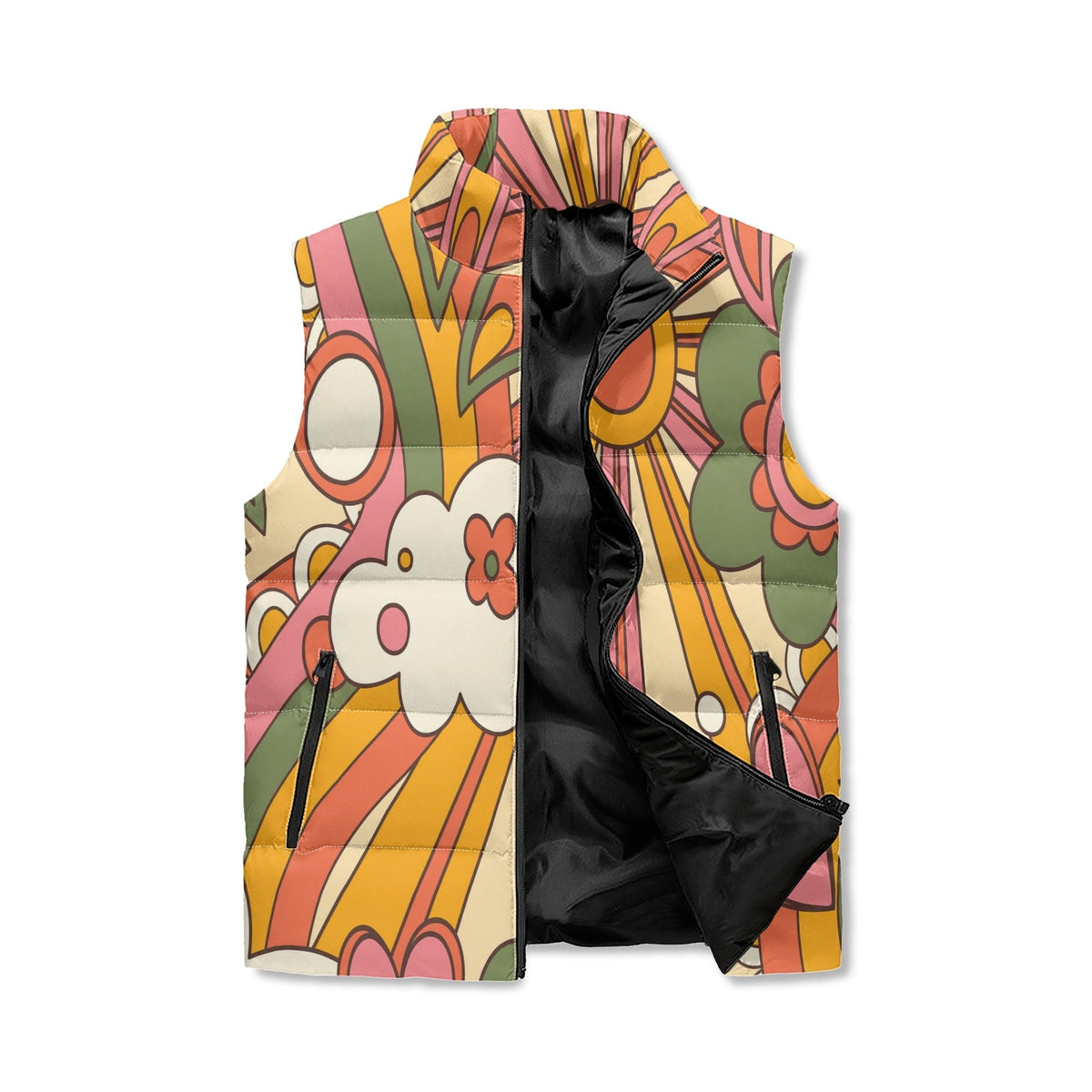 Kate McEnroe New York Retro Groovy Sunshine Puffer Vest, Mid Mod Hippie Floral Outerwear, 70s Boho Chic Lightweight JacketPuffer JacketsWQEOGR5W - 1