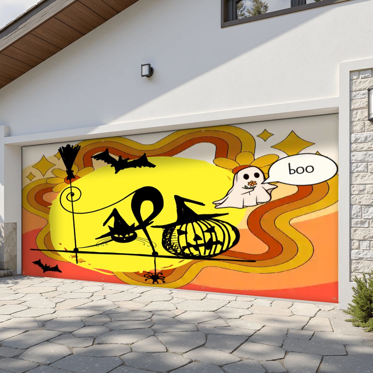 Kate McEnroe New York Retro Halloween Witch Cat Garage Door Banner, Mid Century Modern Jack O Lantern Outdoor DecorGarage Door Banner1sM5zVuKwR
