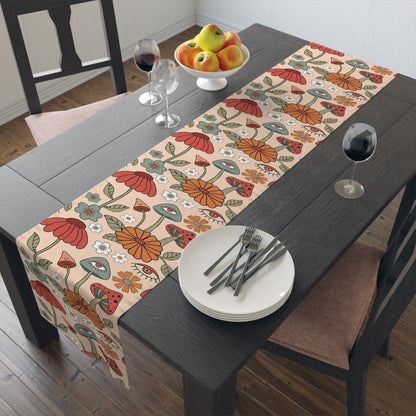 Kate McEnroe New York Retro Hippie Mushroom Cottagecore Aesthetic Floral Table Runner Table Runners 16&quot; × 72&quot; / Cotton Twill 14108315123773687535