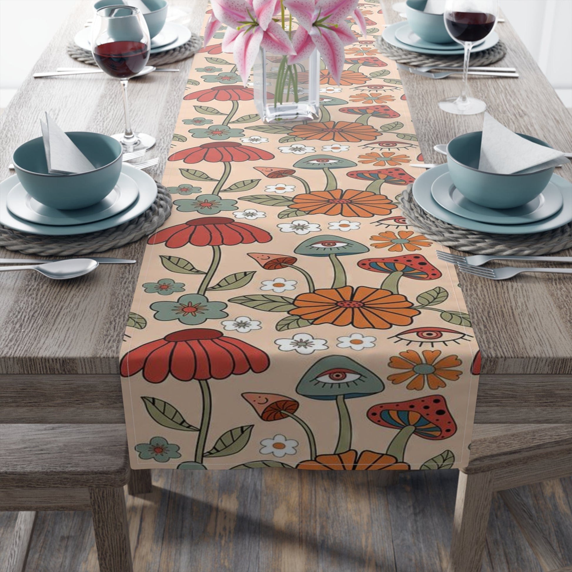 Printify Retro Hippie Mushroom Cottagecore Aesthetic Floral Table Runner Home Decor