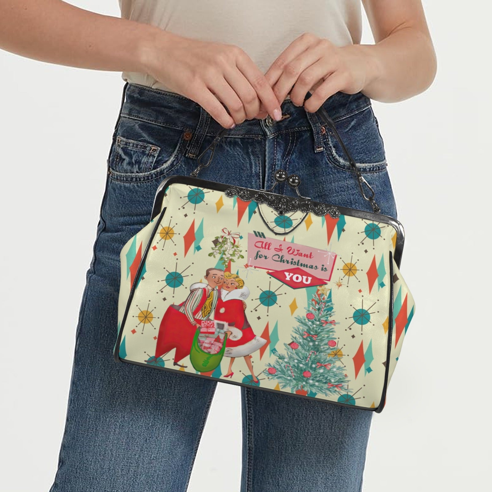 Kate McEnroe New York Retro Kitsch Christmas Kisslock Purse, Vintage 50s Holiday Handbag, Mid Century Modern Festive BagCrossbody BagsD3194592