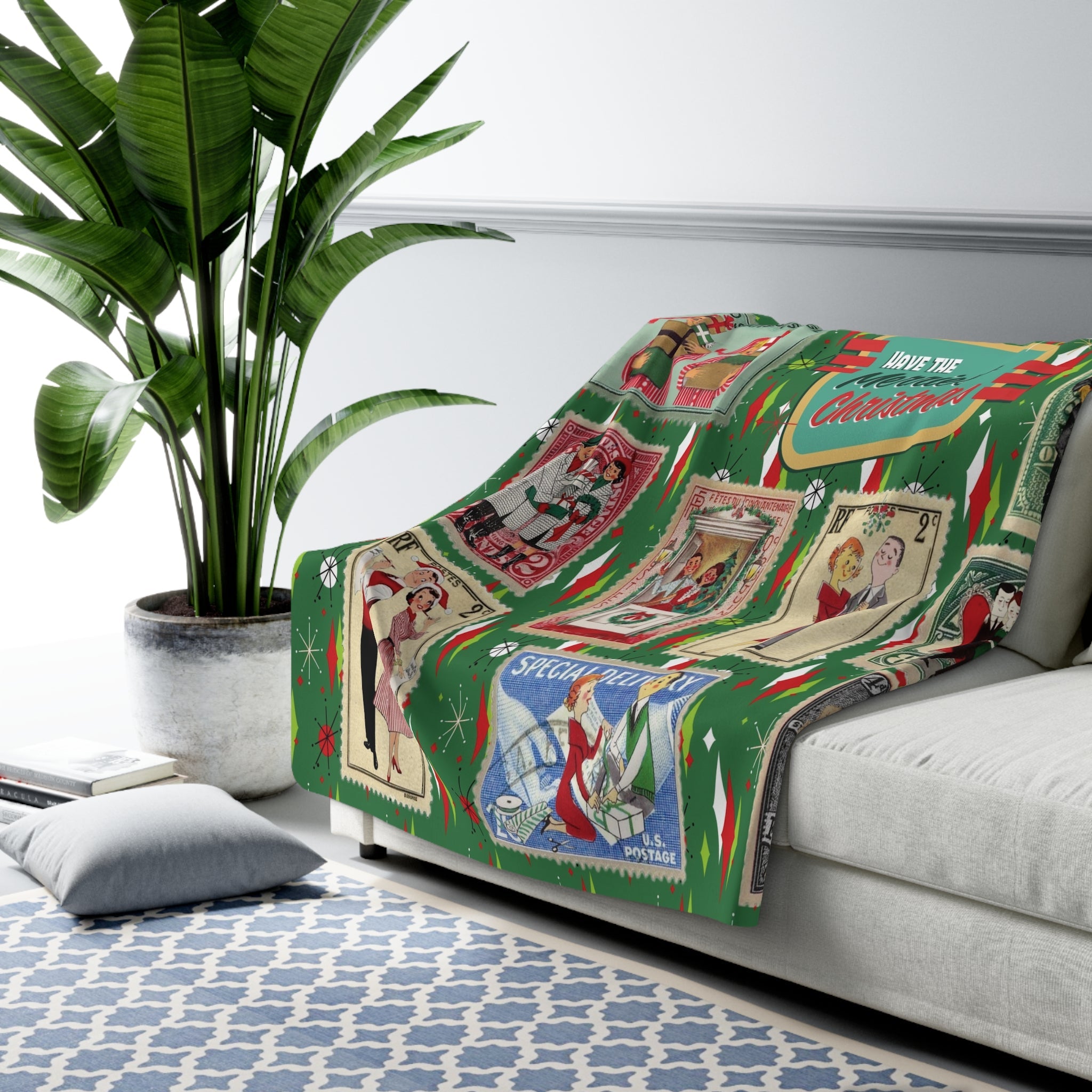 Kate McEnroe New York Retro Kitsch Christmas Vintage Stamp Blanket, 1950s Franciscan Diamond Starburst Postage Sherpa ThrowBlankets21249565207755536638