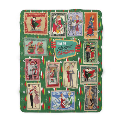 Kate McEnroe New York Retro Kitsch Christmas Vintage Stamp Blanket, 1950s Franciscan Diamond Starburst Postage Sherpa ThrowBlankets21249565207755536638