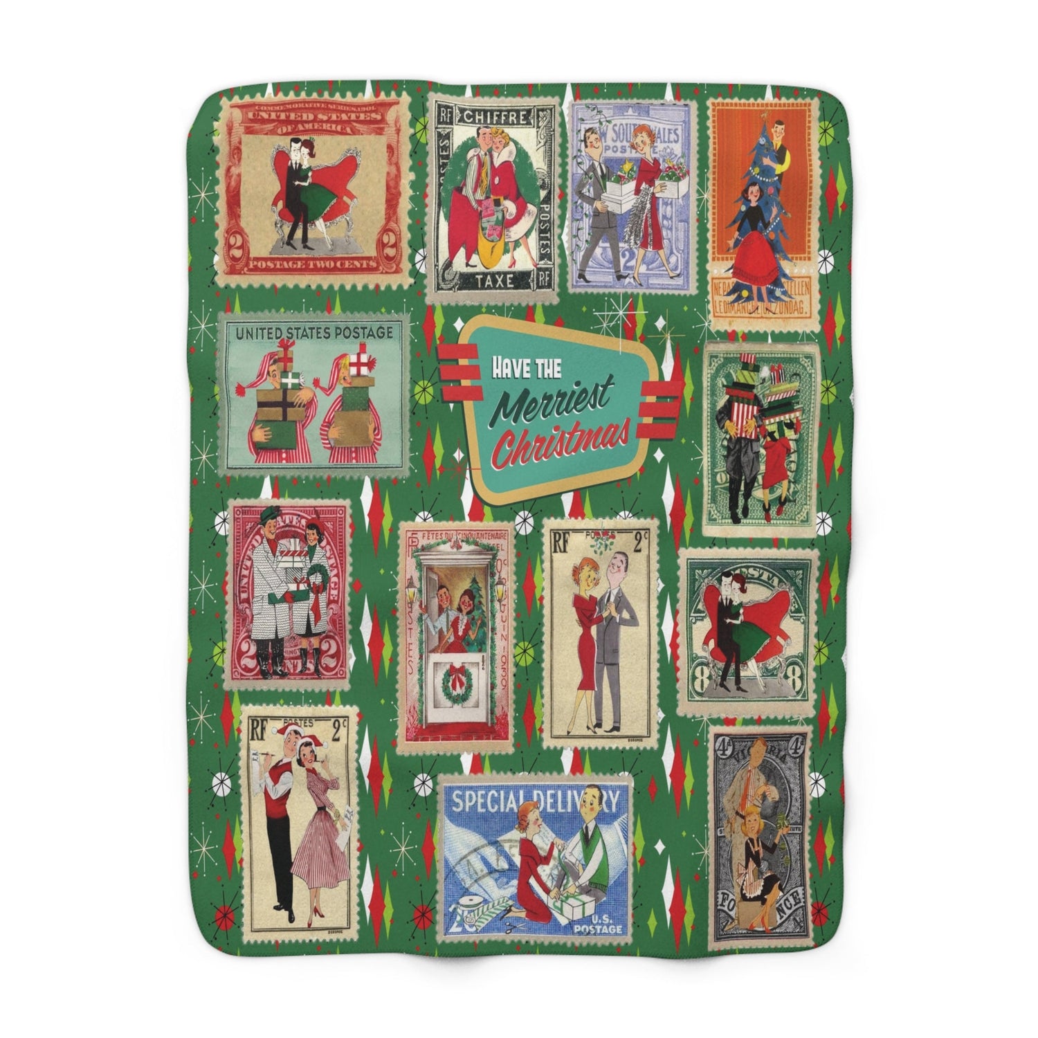 Kate McEnroe New York Retro Kitsch Christmas Vintage Stamp Blanket, 1950s Franciscan Diamond Starburst Postage Sherpa ThrowBlankets33007497174261709794