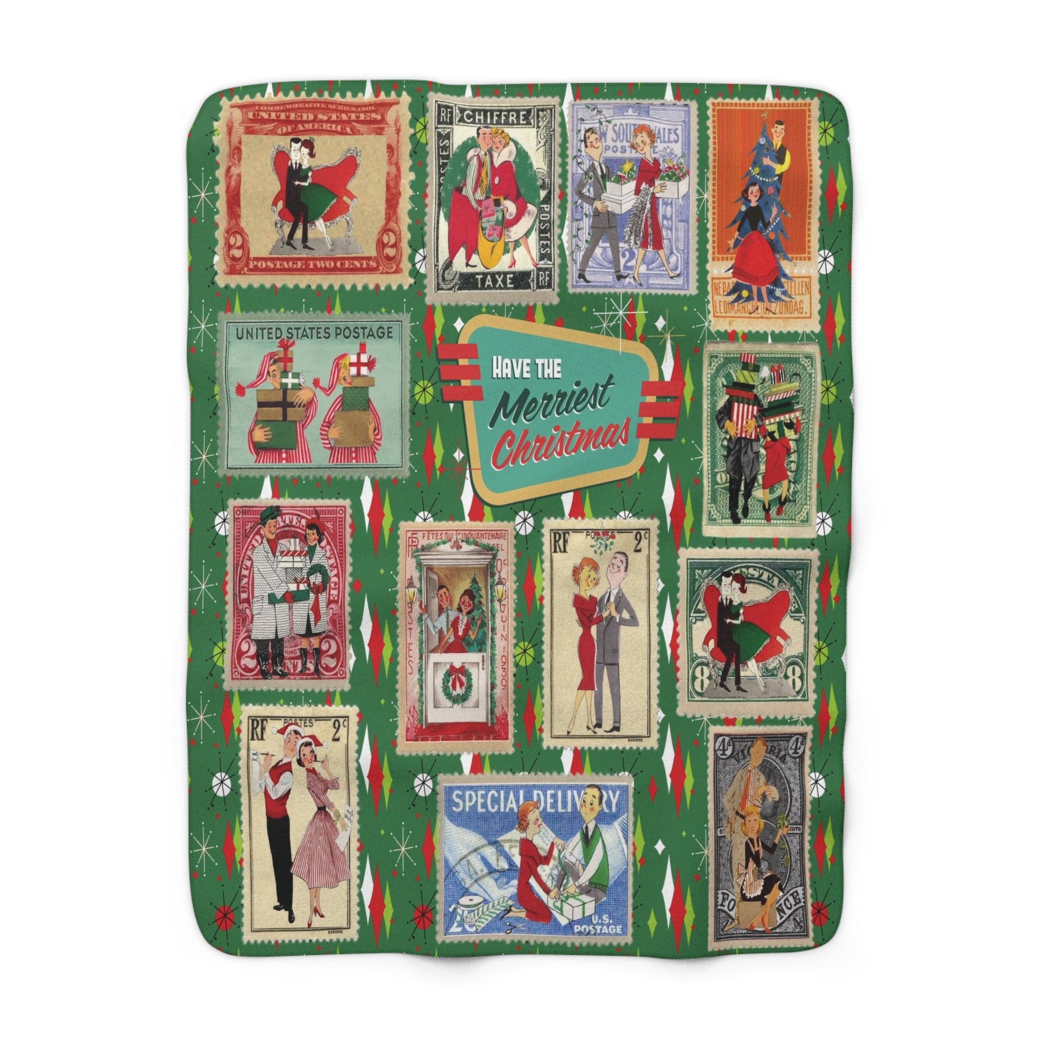 Kate McEnroe New York Retro Kitsch Christmas Vintage Stamp Blanket, 1950s Franciscan Diamond Starburst Postage Sherpa ThrowBlankets33007497174261709794