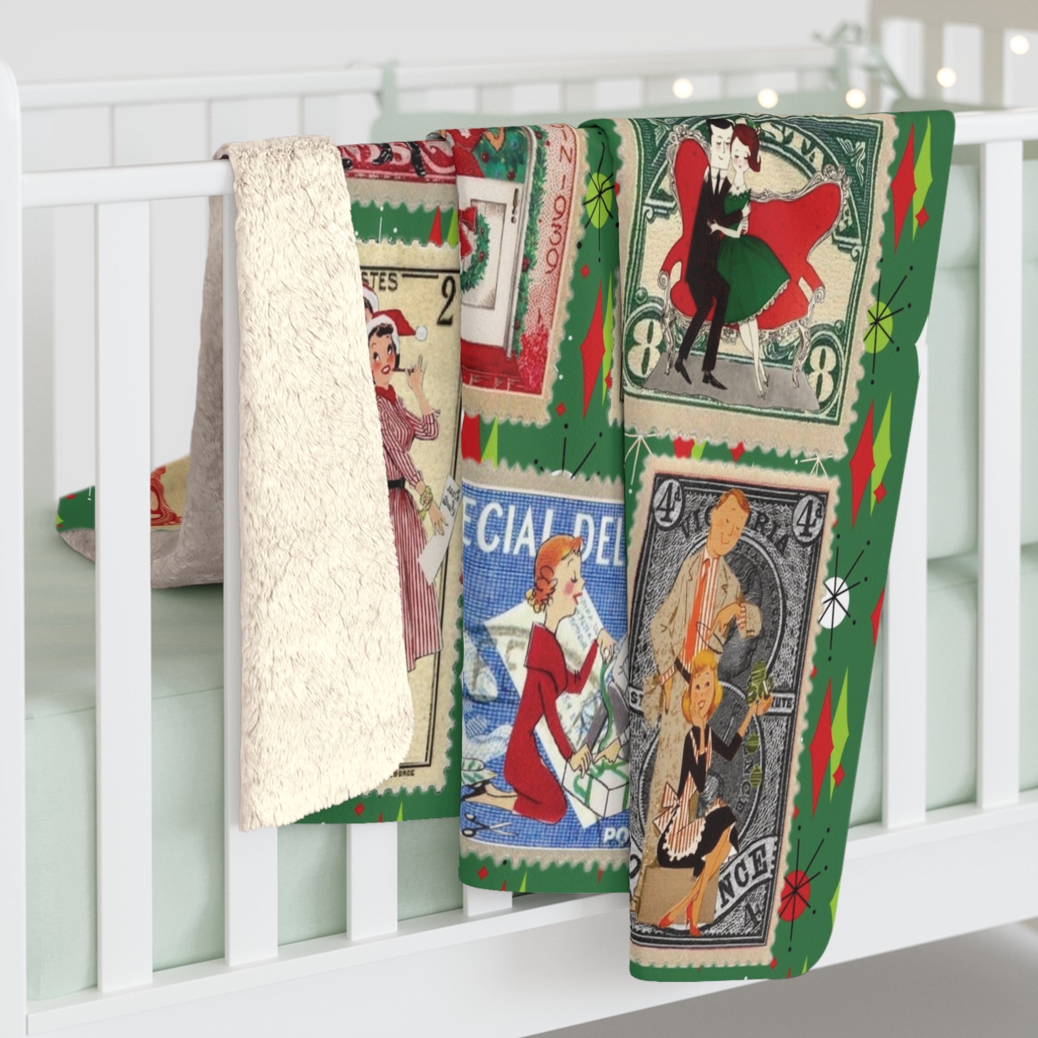 Kate McEnroe New York Retro Kitsch Christmas Vintage Stamp Blanket, 1950s Franciscan Diamond Starburst Postage Sherpa ThrowBlankets33007497174261709794