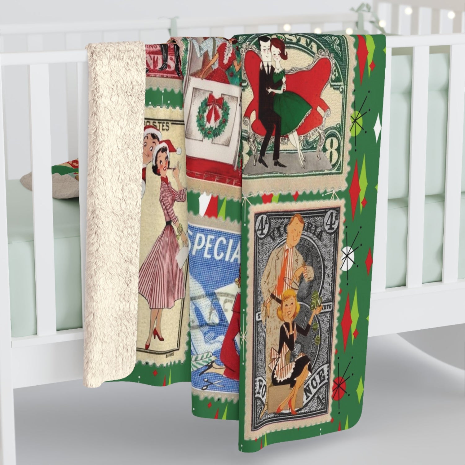 Kate McEnroe New York Retro Kitsch Christmas Vintage Stamp Blanket, 1950s Franciscan Diamond Starburst Postage Sherpa ThrowBlankets33007497174261709794