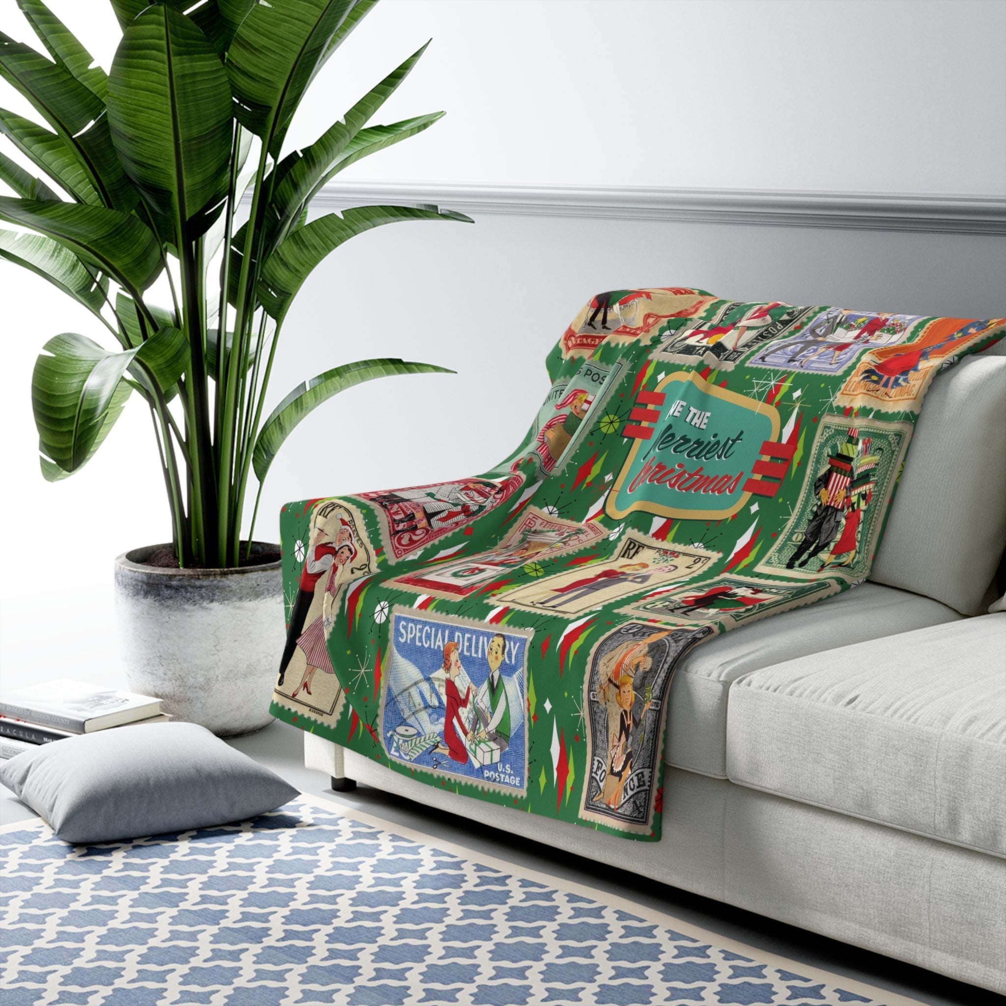 Kate McEnroe New York Retro Kitsch Christmas Vintage Stamp Blanket, 1950s Franciscan Diamond Starburst Postage Sherpa ThrowBlankets33007497174261709794