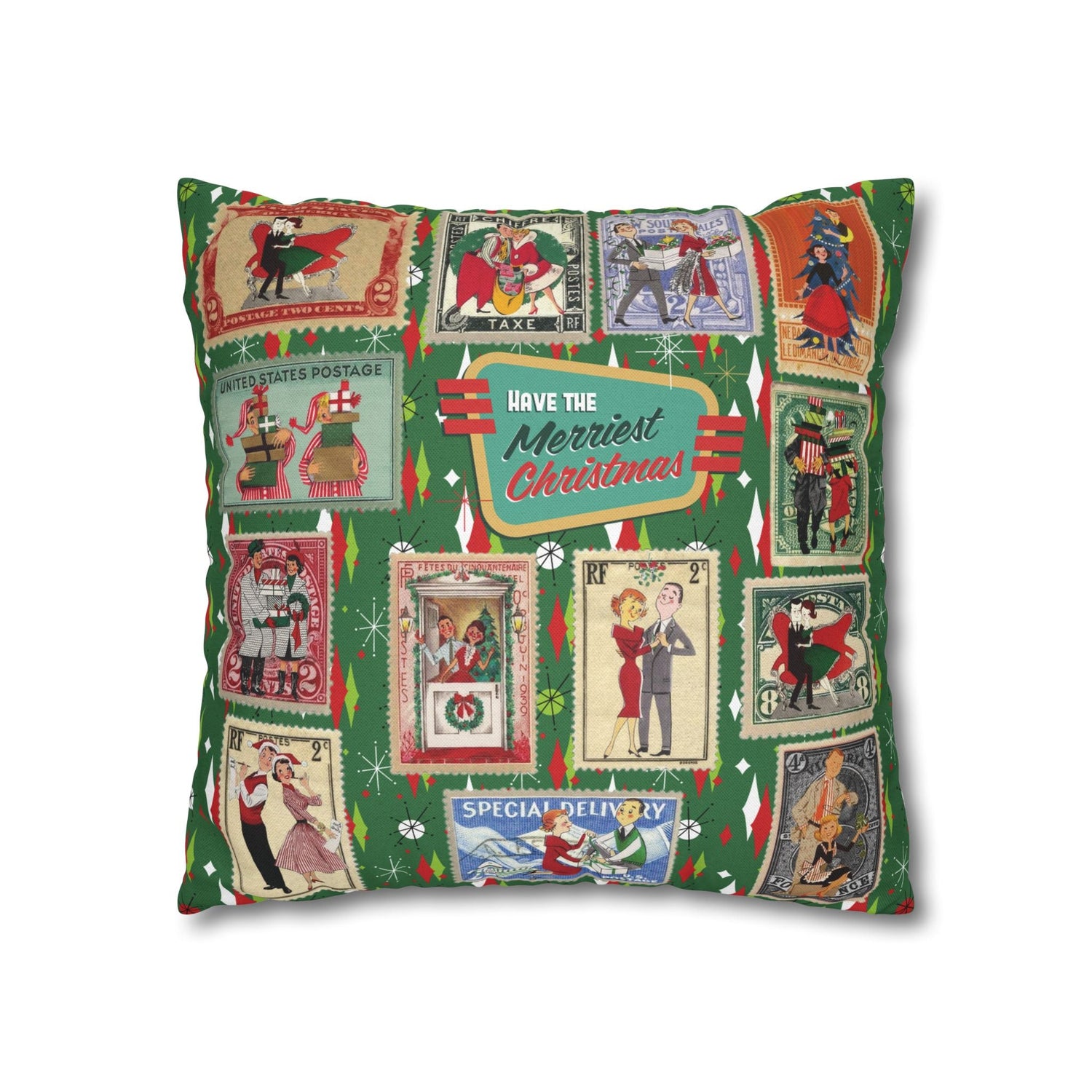 Kate McEnroe New York Retro Kitsch Christmas Vintage Stamp Throw Pillow Cover, 1950s Franciscan Diamond Starburst Holiday CushionThrow Pillow Covers21703667307641154329