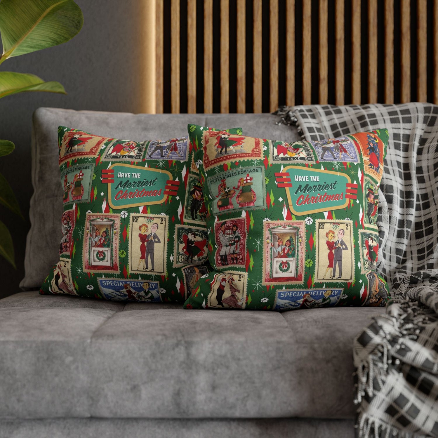 Kate McEnroe New York Retro Kitsch Christmas Vintage Stamp Throw Pillow Cover, 1950s Franciscan Diamond Starburst Holiday CushionThrow Pillow Covers21703667307641154329