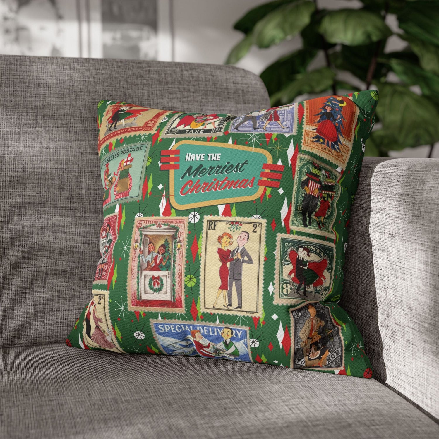 Kate McEnroe New York Retro Kitsch Christmas Vintage Stamp Throw Pillow Cover, 1950s Franciscan Diamond Starburst Holiday CushionThrow Pillow Covers21703667307641154329