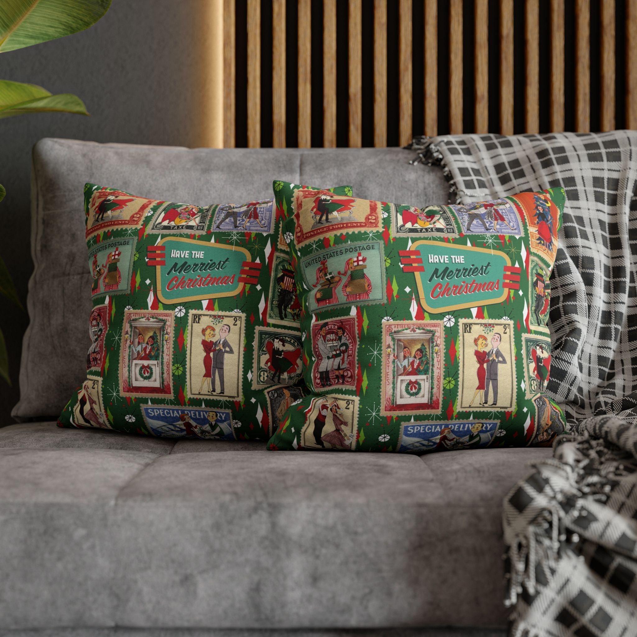 Kate McEnroe New York Retro Kitsch Christmas Vintage Stamp Throw Pillow Cover, 1950s Franciscan Diamond Starburst Holiday CushionThrow Pillow Covers21703667307641154329
