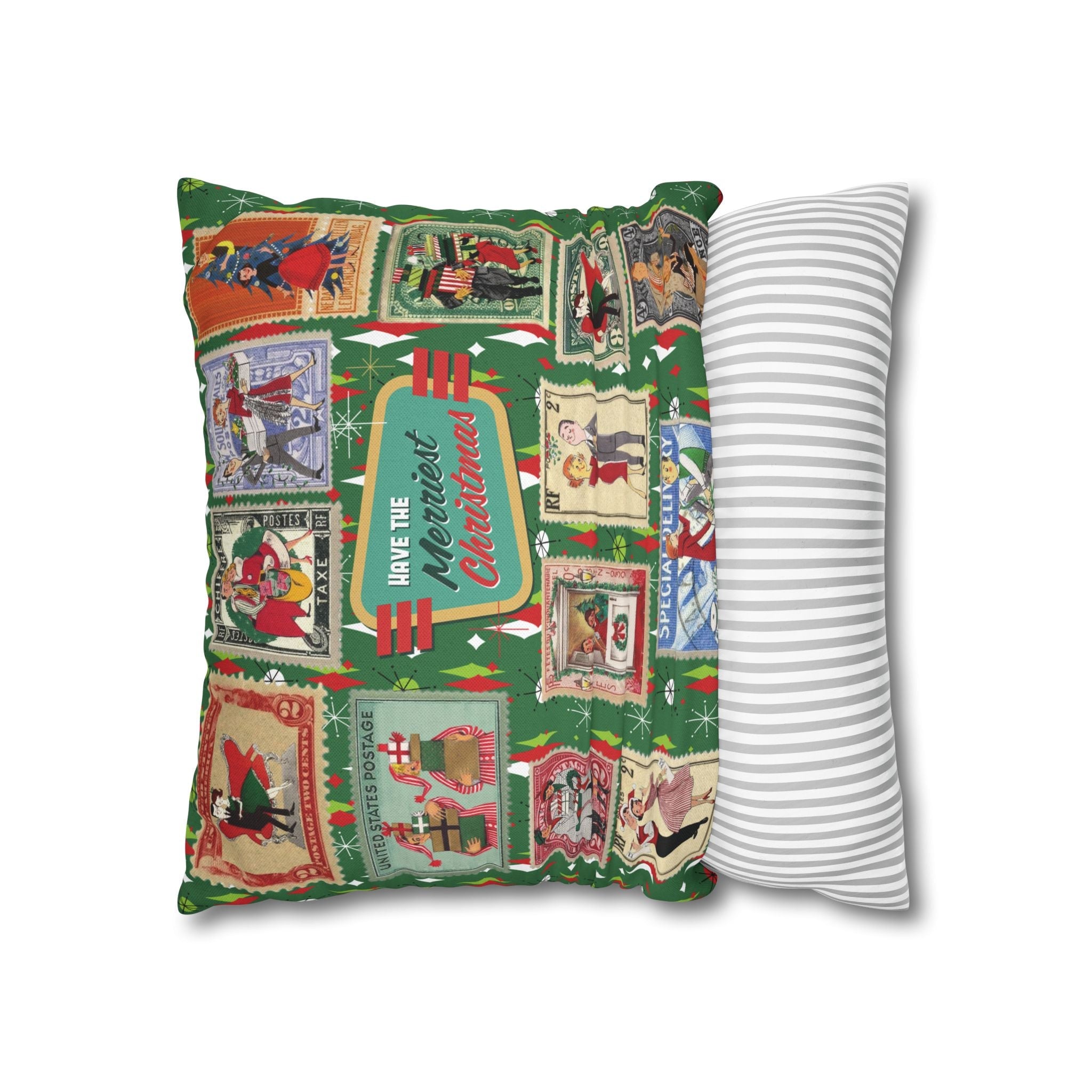 Kate McEnroe New York Retro Kitsch Christmas Vintage Stamp Throw Pillow Cover, 1950s Franciscan Diamond Starburst Holiday CushionThrow Pillow Covers21703667307641154329