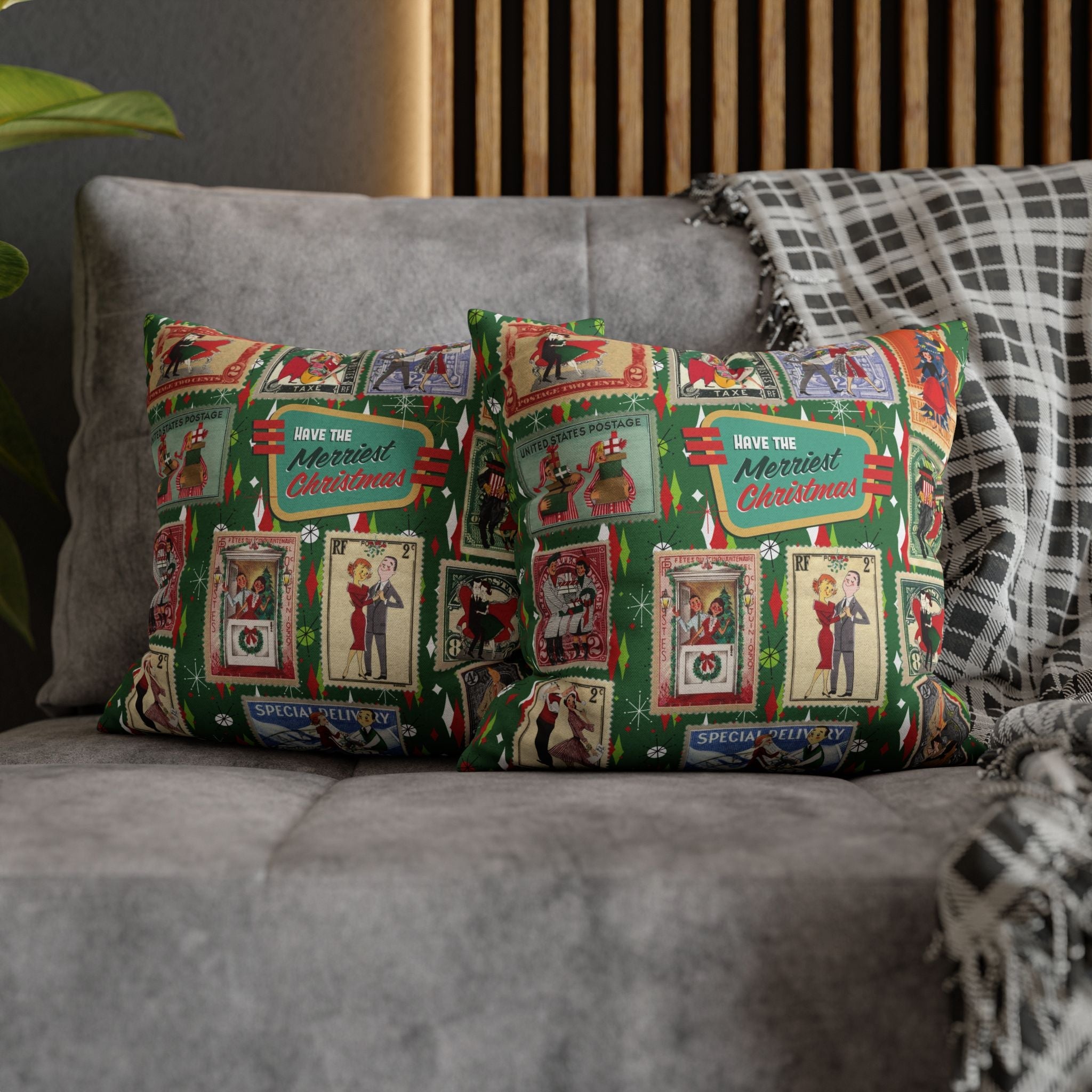 Kate McEnroe New York Retro Kitsch Christmas Vintage Stamp Throw Pillow Cover, 1950s Franciscan Diamond Starburst Holiday CushionThrow Pillow Covers21703667307641154329