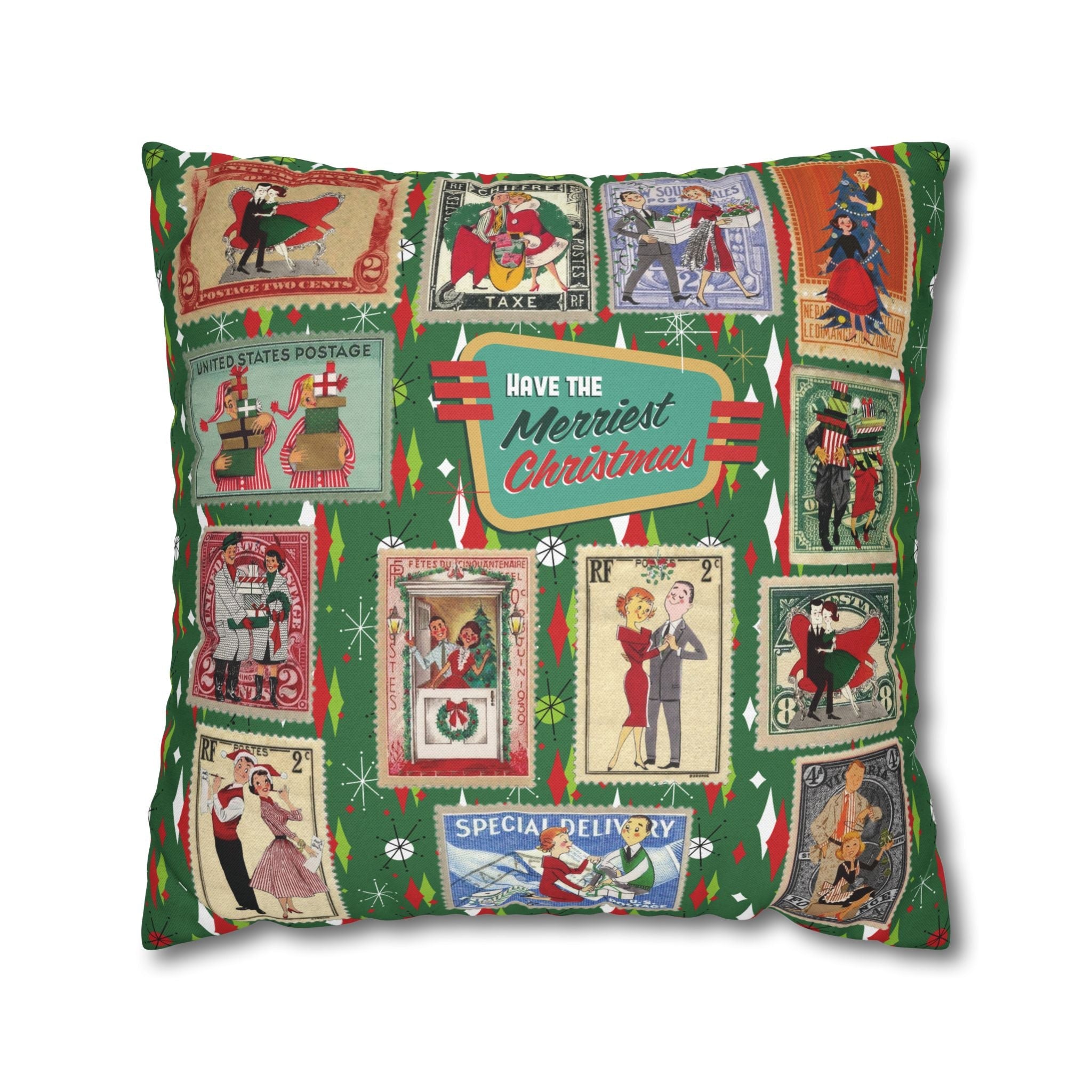 Kate McEnroe New York Retro Kitsch Christmas Vintage Stamp Throw Pillow Cover, 1950s Franciscan Diamond Starburst Holiday CushionThrow Pillow Covers21703667307641154329